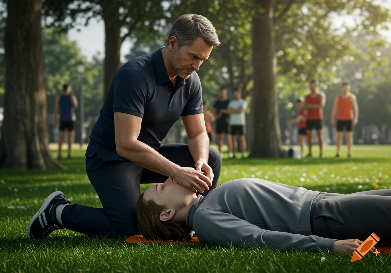 A man performs a head tilt chin lift maneuver on a person lying on the grass in a park, with other people in the background.