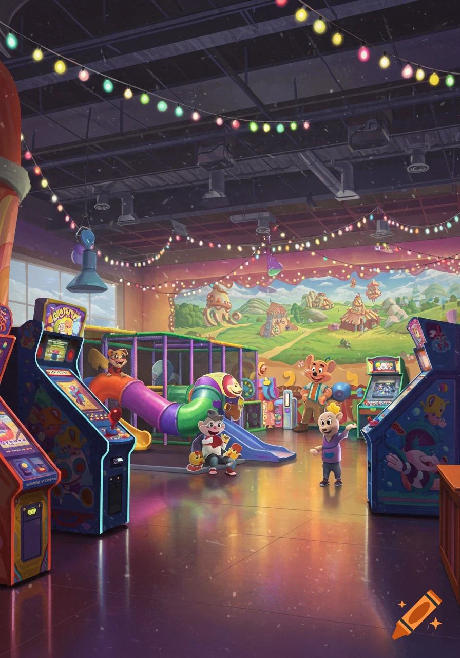 A vibrant indoor play area with arcade games and cartoon animal characters on a slide and playing.