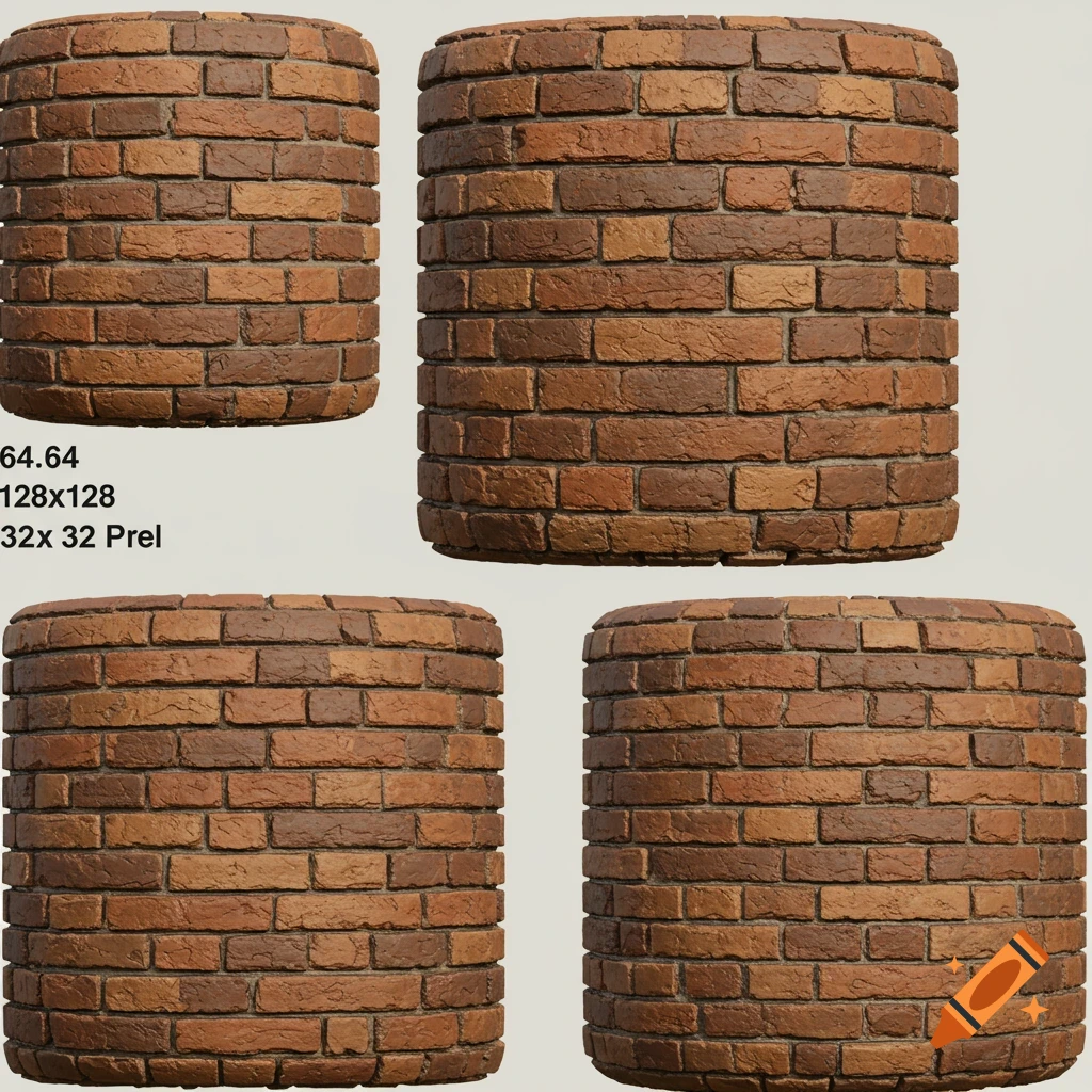 Four cylindrical brick texture samples displayed in various resolutions on a plain background, with text labels.