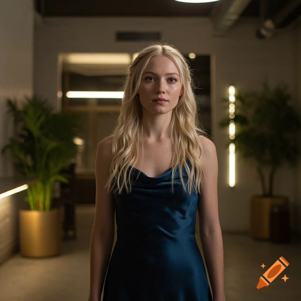 Photorealistic portrait of a young woman with long blonde hair wearing a dark blue silky dress, standing in a dimly lit modern interior.
