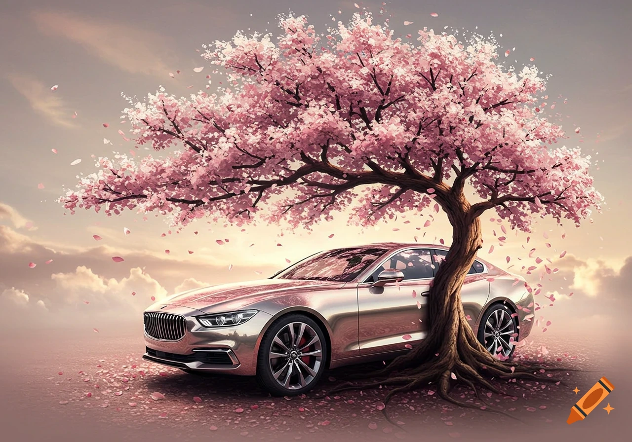 A silver car parked under a lush cherry blossom tree with pink petals falling, against a soft, cloudy sky.