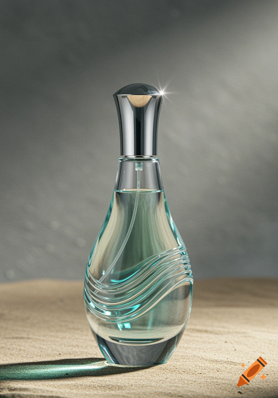 A sleek glass perfume bottle with a chrome cap, featuring wavy ridged designs, standing on textured sand.