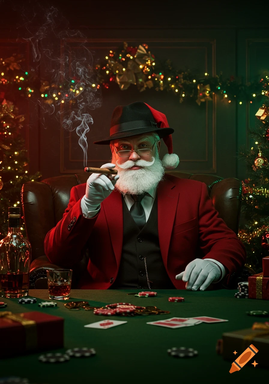 Photorealistic image of Santa Claus dressed as a mafia boss in a red suit and fedora, smoking a cigar at a poker table in a dark, Christmas-decorated room.