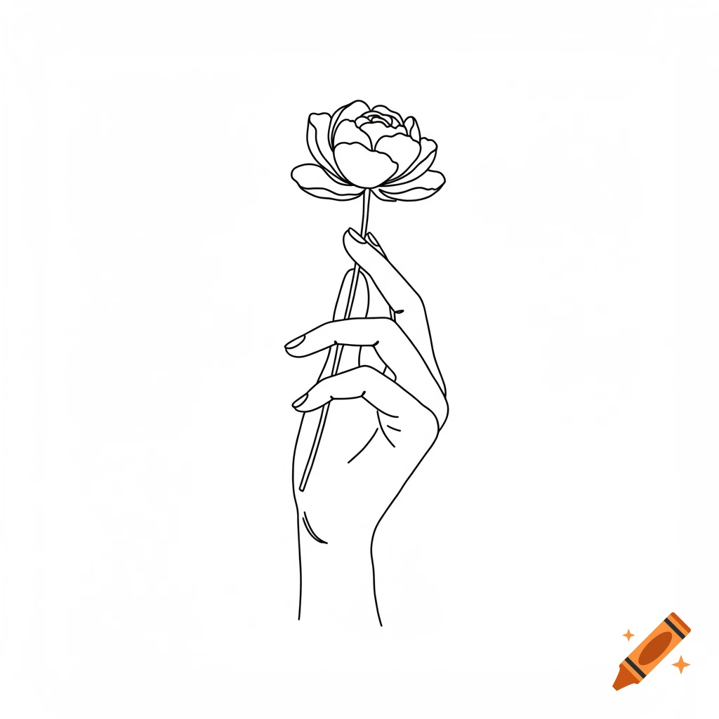 Minimalist black line art drawing of a hand holding a blooming flower on a white background.