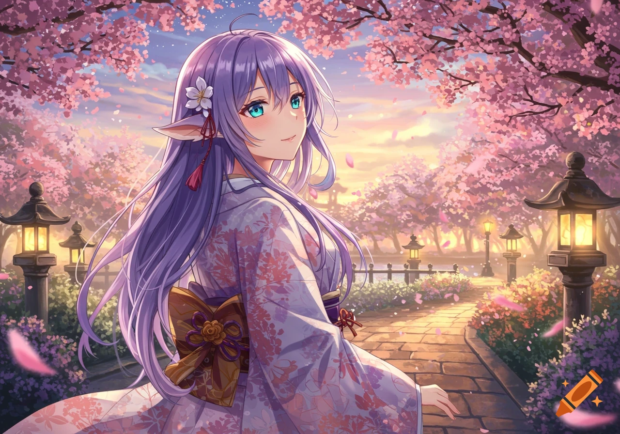 An anime girl with long purple hair and elf ears, wearing a floral kimono, walks through a vibrant cherry blossom park at sunset.