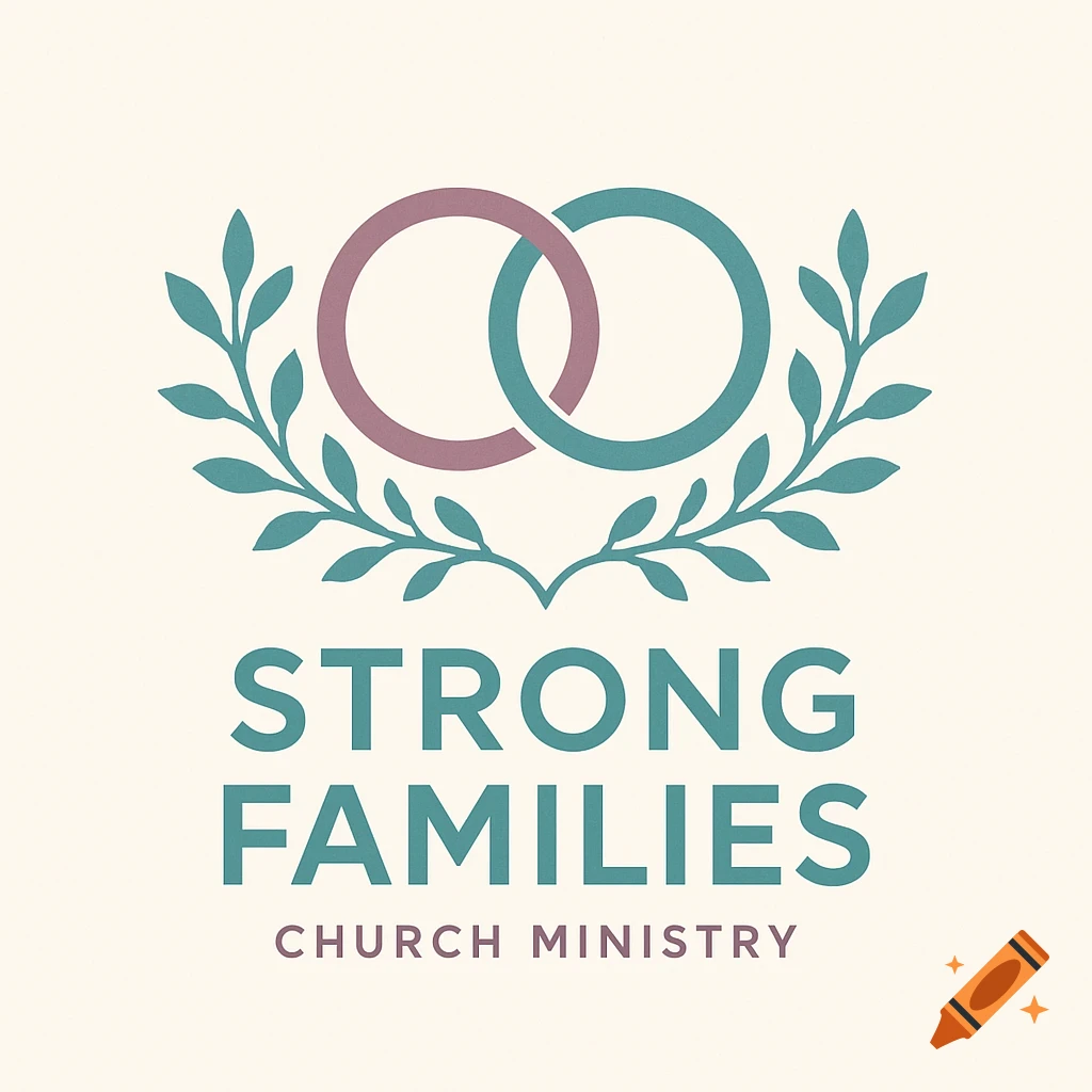 A logo with two interlocking rings encircled by olive branches above the text 'STRONG FAMILIES CHURCH MINISTRY'.