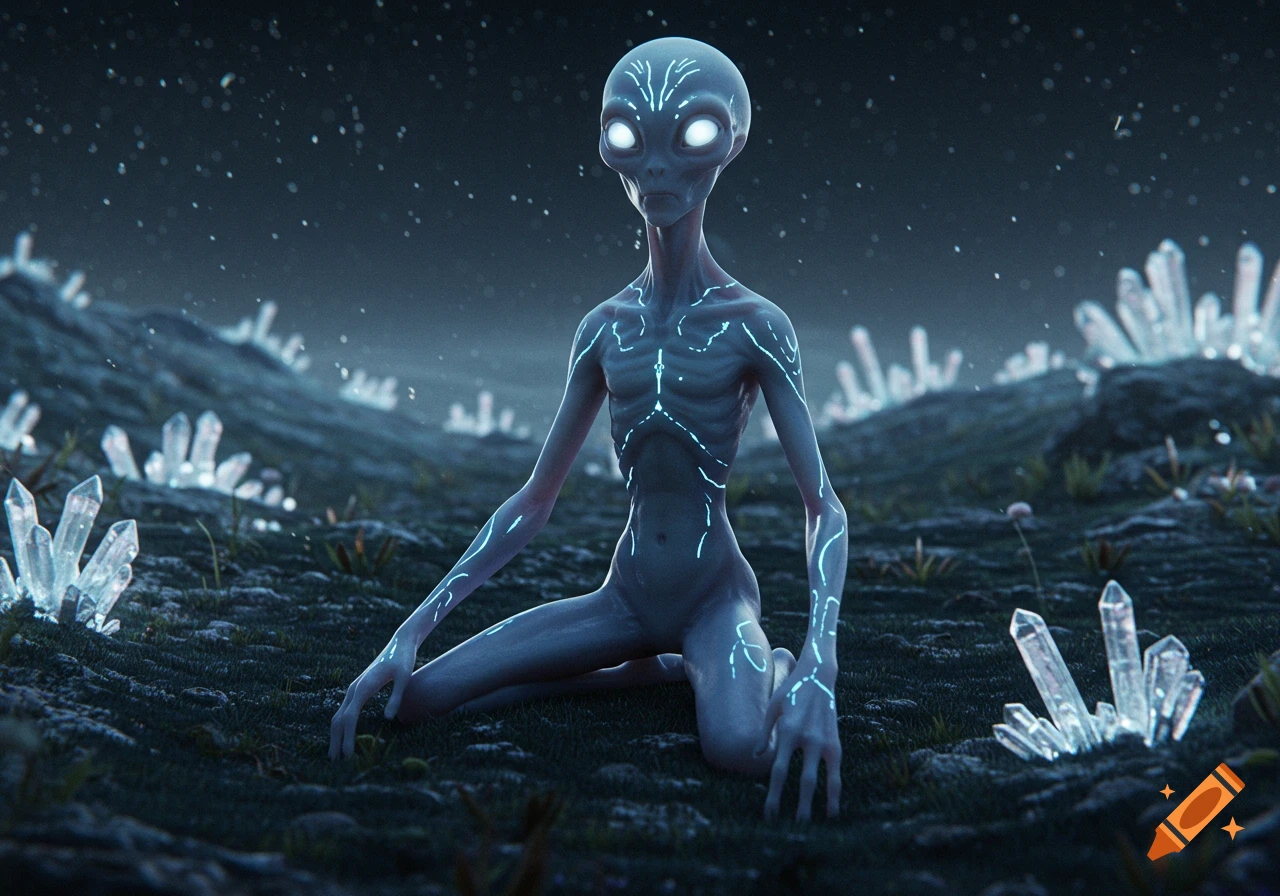 A grey-skinned alien with glowing blue lines kneels on a dark, alien landscape with illuminated crystals under a starry sky.