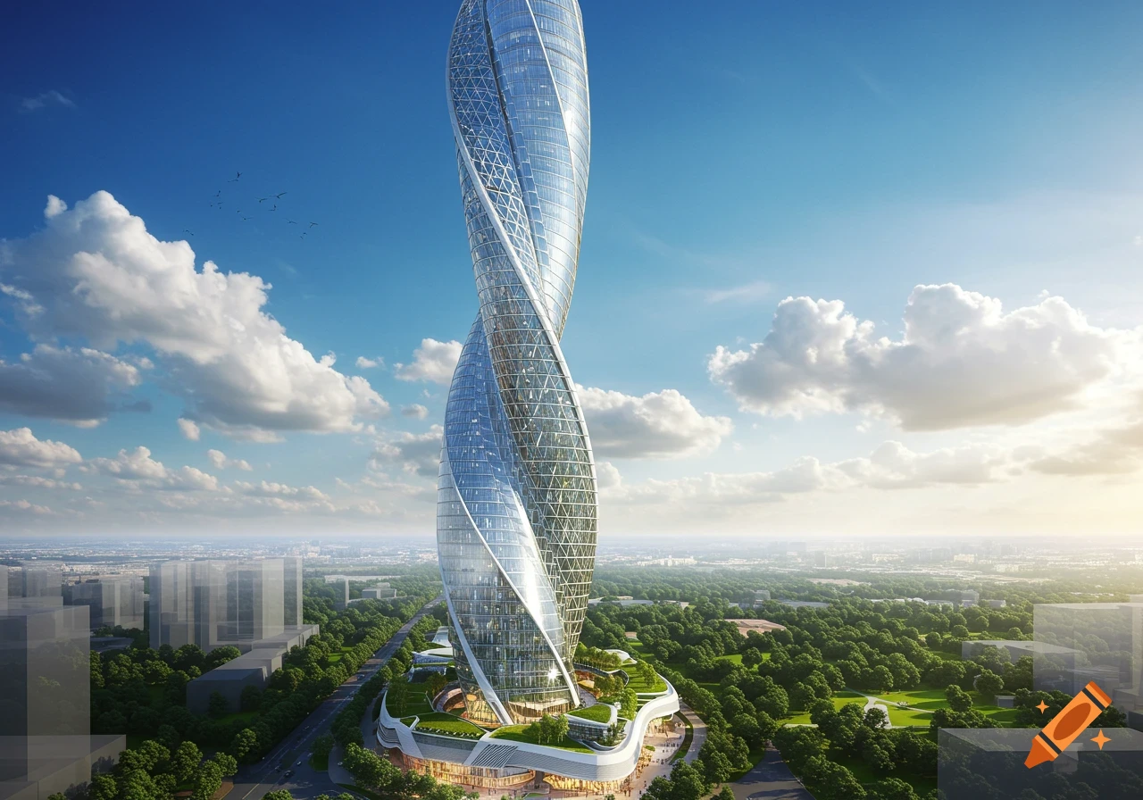 A tall, twisting glass skyscraper stands amidst green trees and city buildings under a blue sky with white clouds.