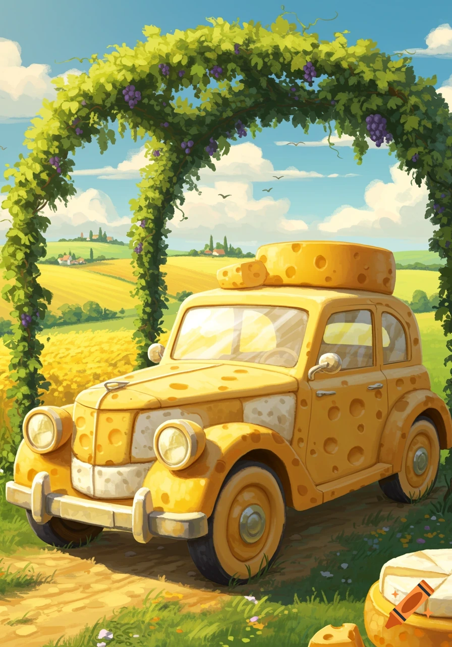 A cartoon car made of Swiss cheese, complete with holes, on a dirt path under a grape vine arch in a sunny countryside. Fields and hills are in the background.