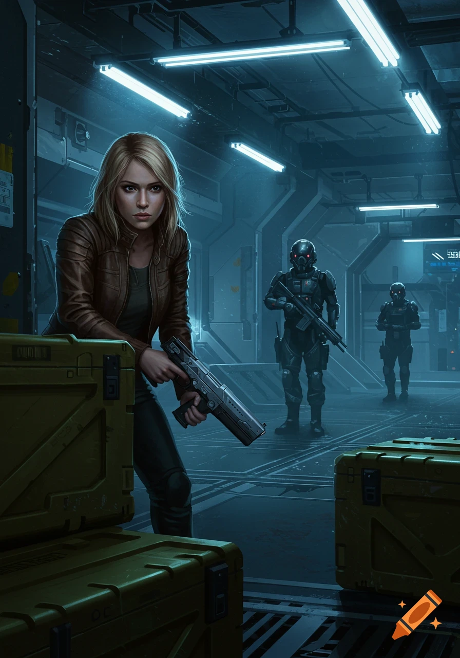A blonde woman in a brown leather jacket holds a pistol, hiding behind a crate in a dimly lit sci-fi corridor, while two armored guards search nearby.