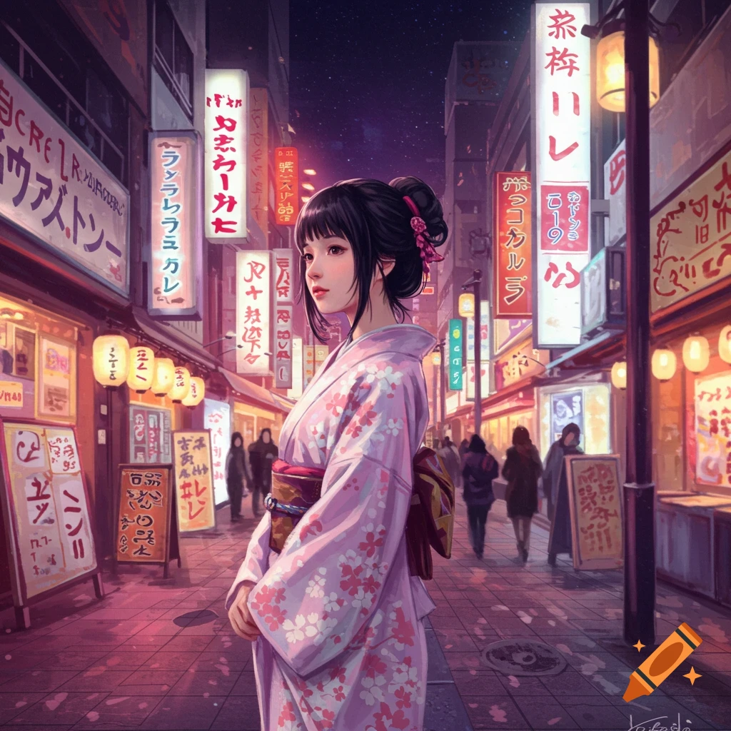 A digital art illustration of a Japanese girl in a pink kimono standing on a bustling Tokyo street at night, surrounded by illuminated signs.