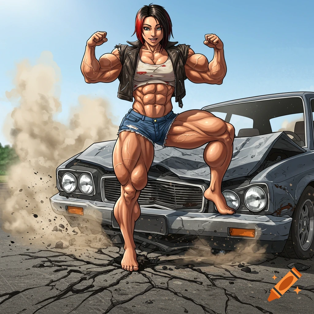 A super-muscular emo woman in a tank top and shorts flexes her biceps while casually crushing a car and cracking the pavement under her bare foot.