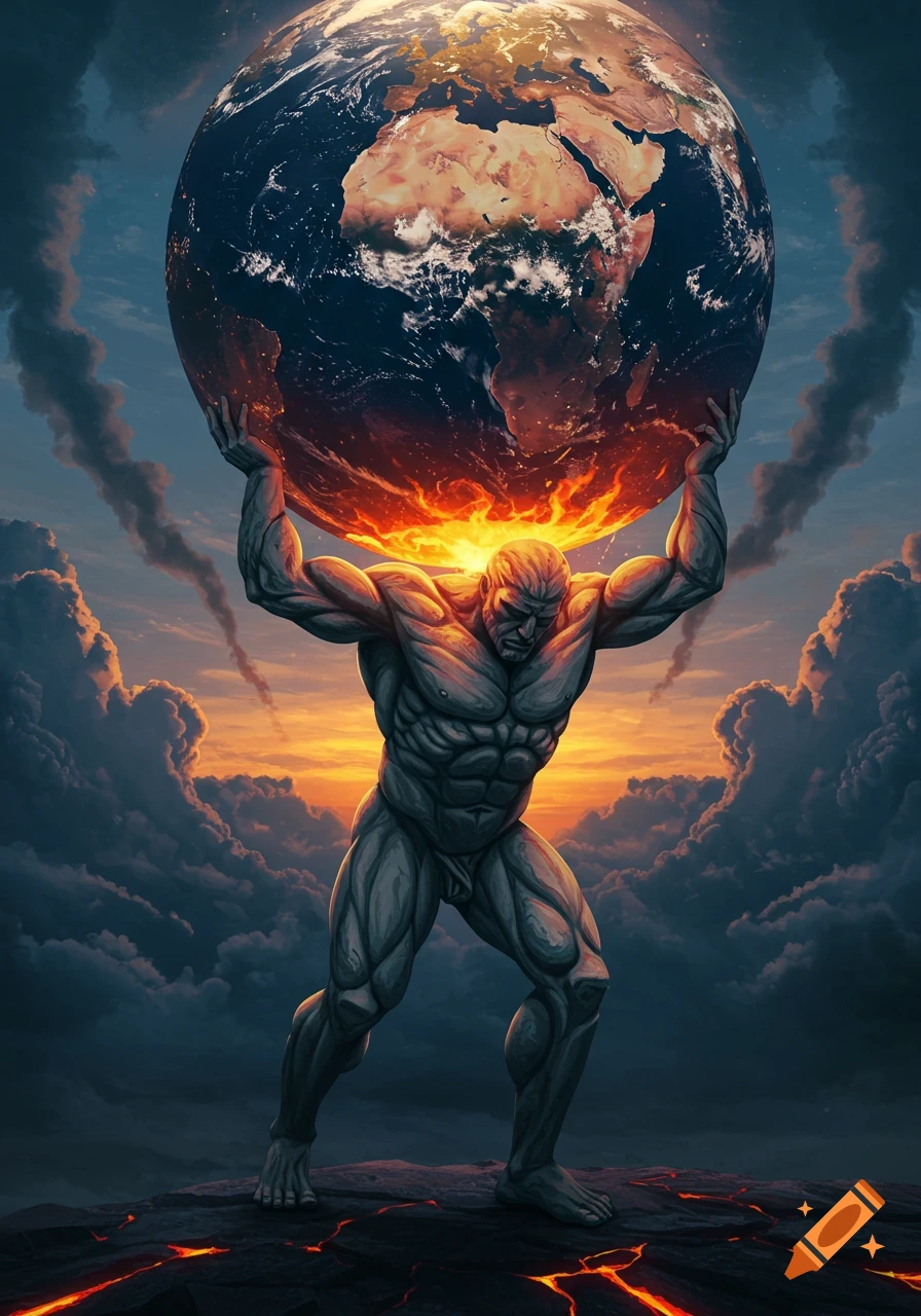 A powerful, grey-skinned Atlas figure holds the burning Earth on his shoulders under a dramatic sunset sky.