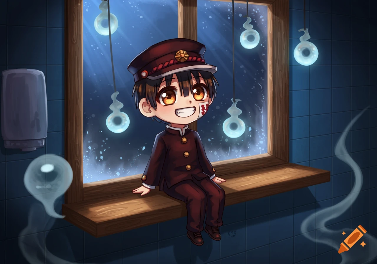 Anime chibi character, Hanako-kun, sits on a window sill in a dark room with floating spirits, smiling.