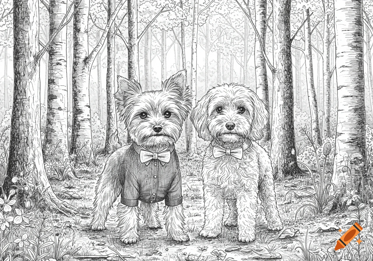 Line art of a Yorkshire Terrier in a shirt and bow tie, and a Cockapoo with a bow tie, sitting in a forest clearing.