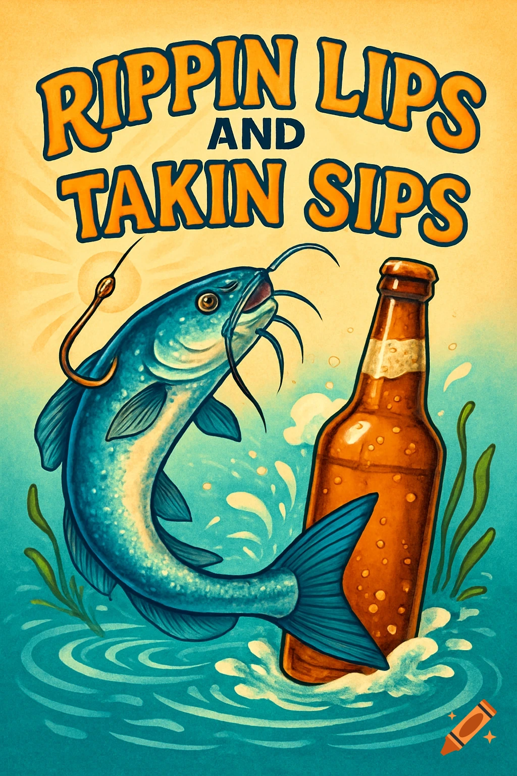 A vintage-style illustration of a catfish with a hook in its mouth next to a beer bottle, with the text "RIPPIN LIPS AND TAKIN SIPS" above.