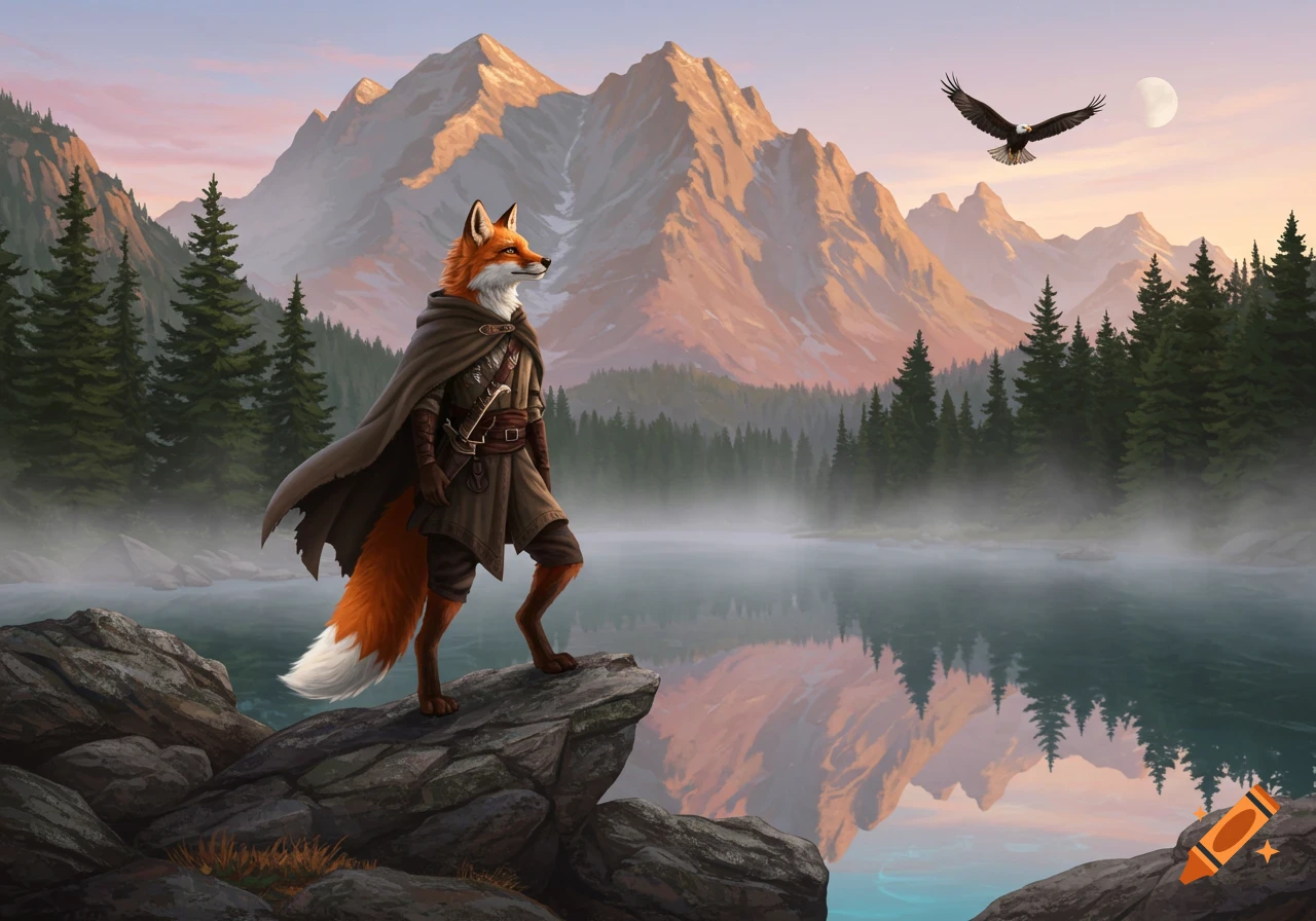 A fox person in a cloak stands on a rock by a misty lake with mountains and an eagle flying above.