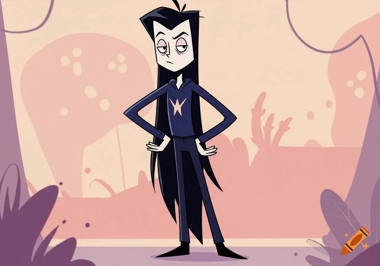 A cartoon character with long black hair, a pale face, and a dark blue hoodie with a yellow star symbol, standing with hands on hips.