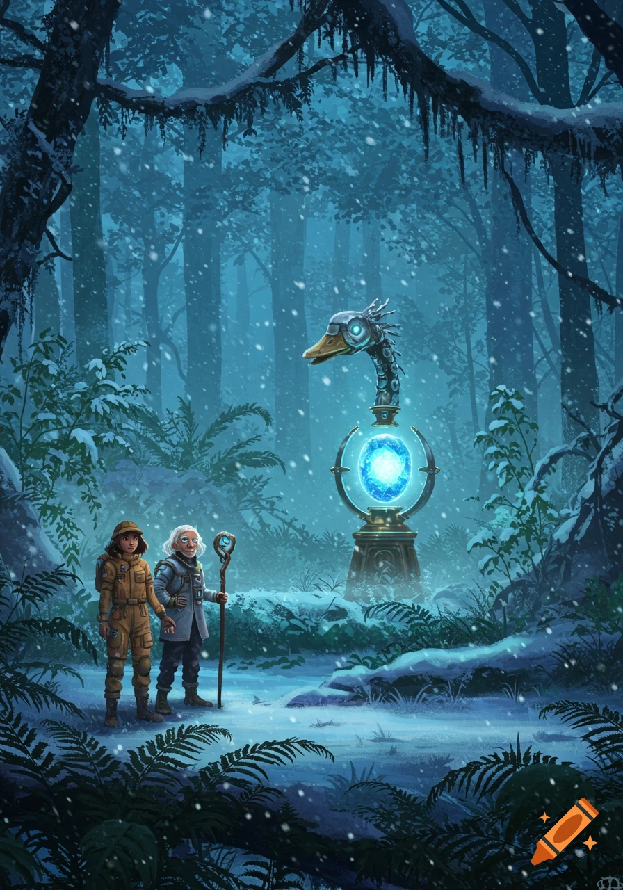 Two adventurers stand in a snowy, lush forest, looking at a tall mechanical goose statue with a glowing blue orb.