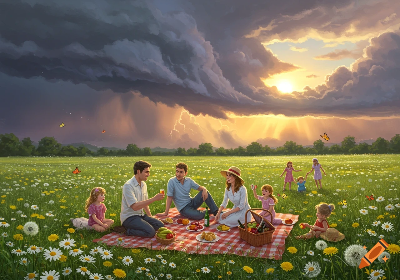 A family picnics in a flower-filled meadow under a dramatic sky with sunrays breaking through storm clouds and distant lightning.