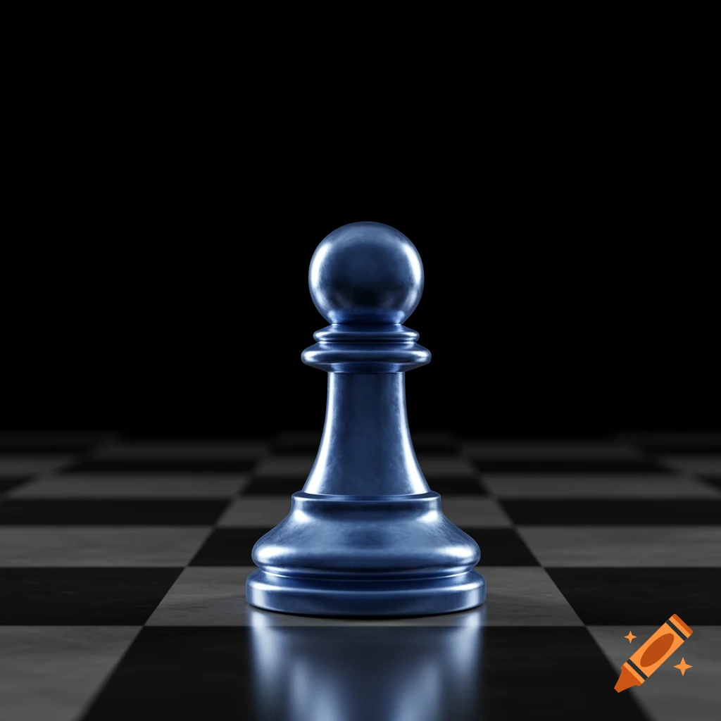A shiny blue metallic chess pawn stands centered on a black and white chessboard with a dark background.