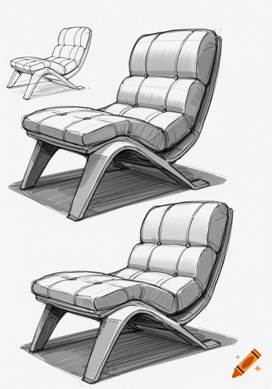 Black and white sketch drawings of a modern lounge chair shown from different perspectives with visible construction lines and shading.