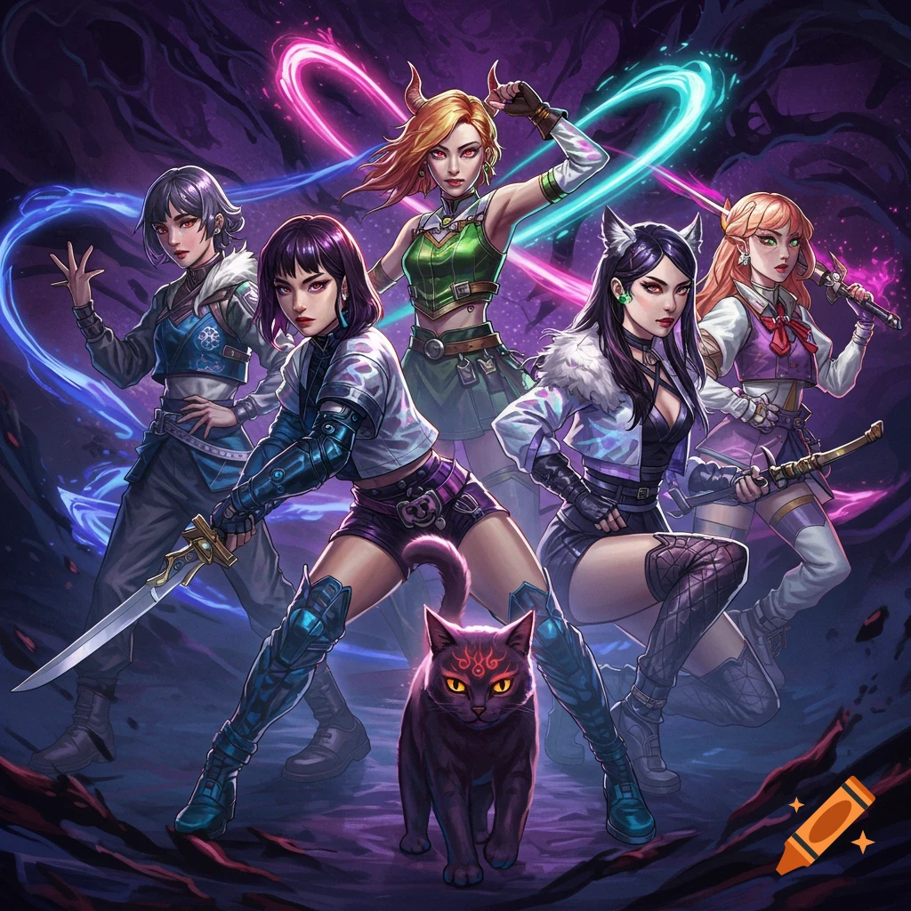 Five anime-style female demon hunters with a black cat, surrounded by glowing neon energy in a dark, mystical setting.