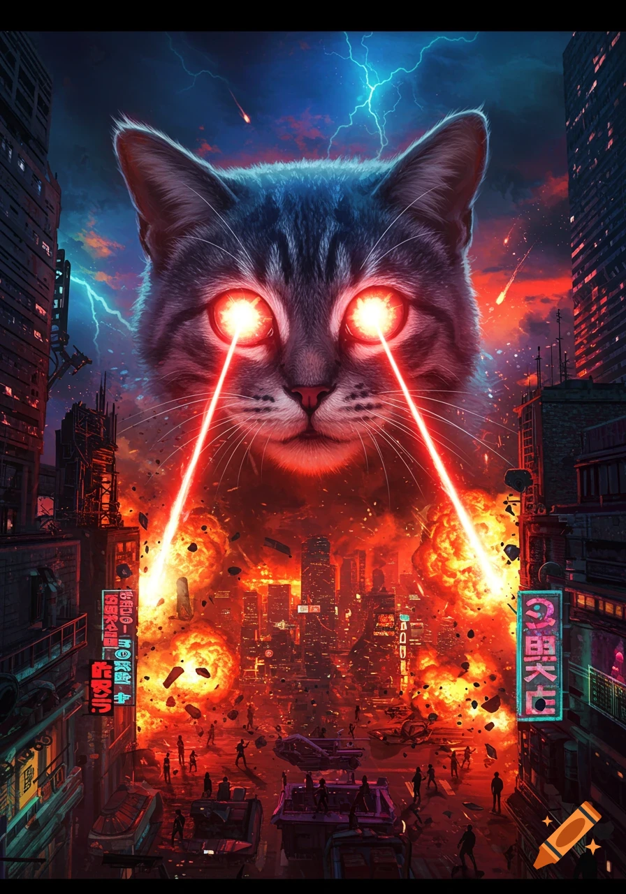 A giant grey tabby cat with glowing red laser eyes destroys a futuristic city with explosions and lightning in the sky.