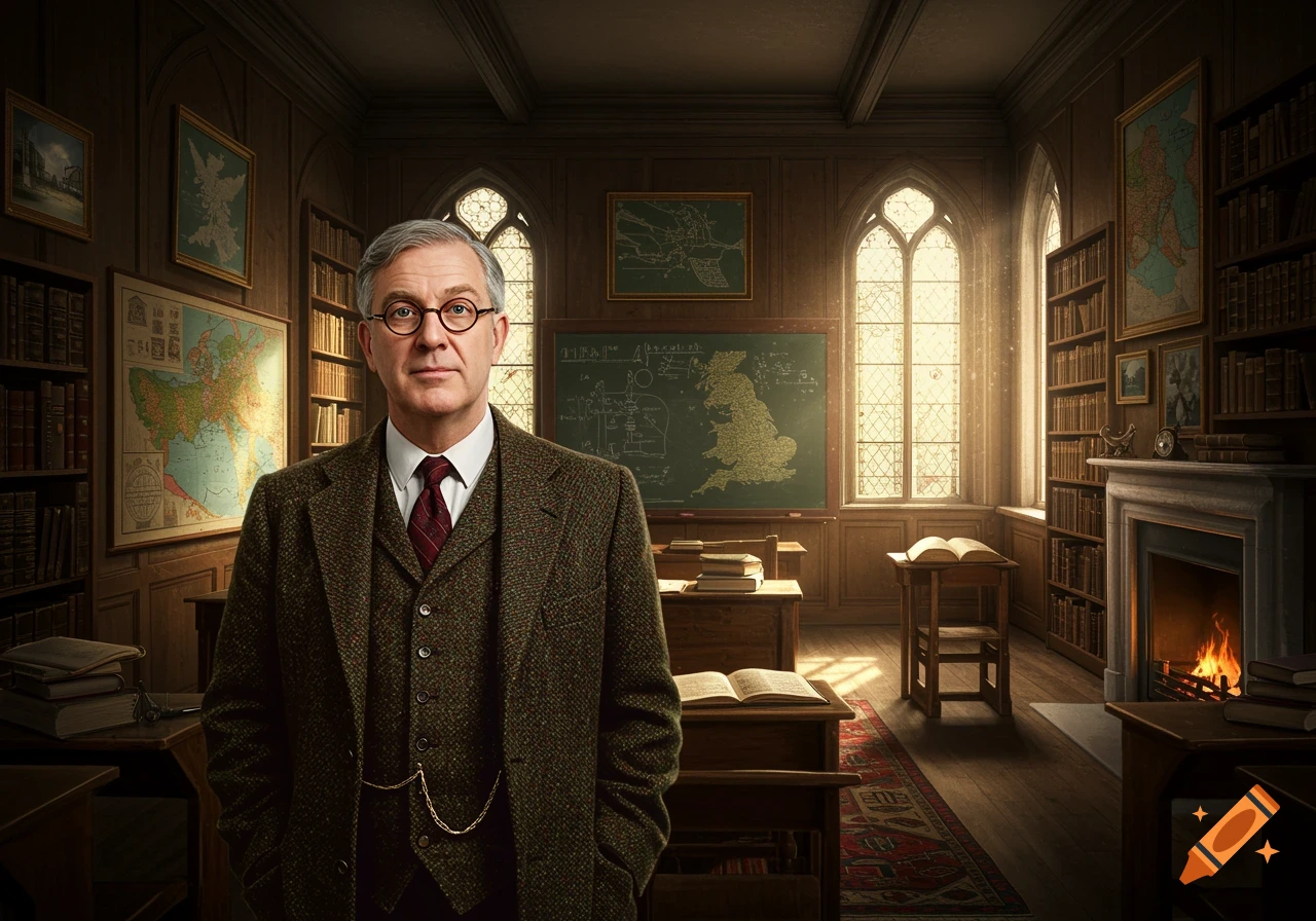 A man in a tweed suit and glasses stands in a vintage academic study with maps, bookshelves, and a fireplace.