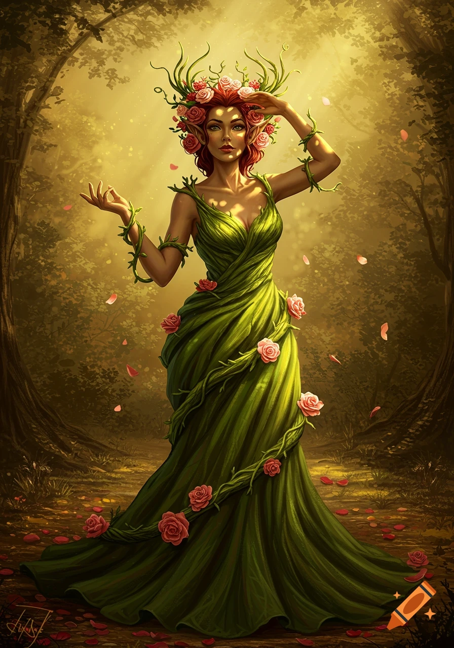 A majestic, red-haired fantasy woman with elven ears and an antler-rose crown stands in an enchanted forest. She wears a green leafy dress with roses and vines, bathed in golden light.
