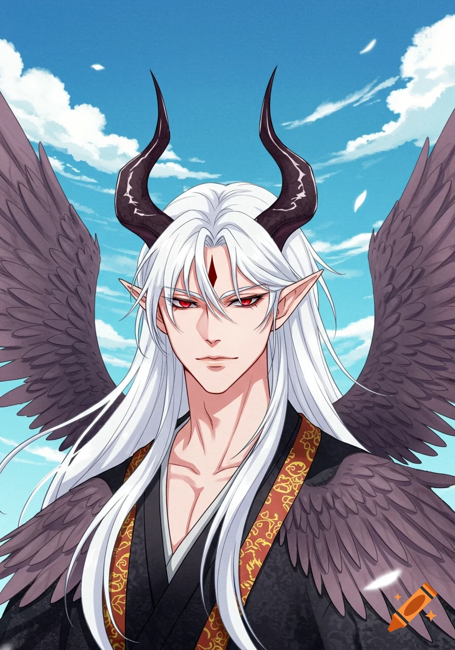 Manga illustration of a white-haired male with horns, red eyes, and dark wings, against a blue sky.