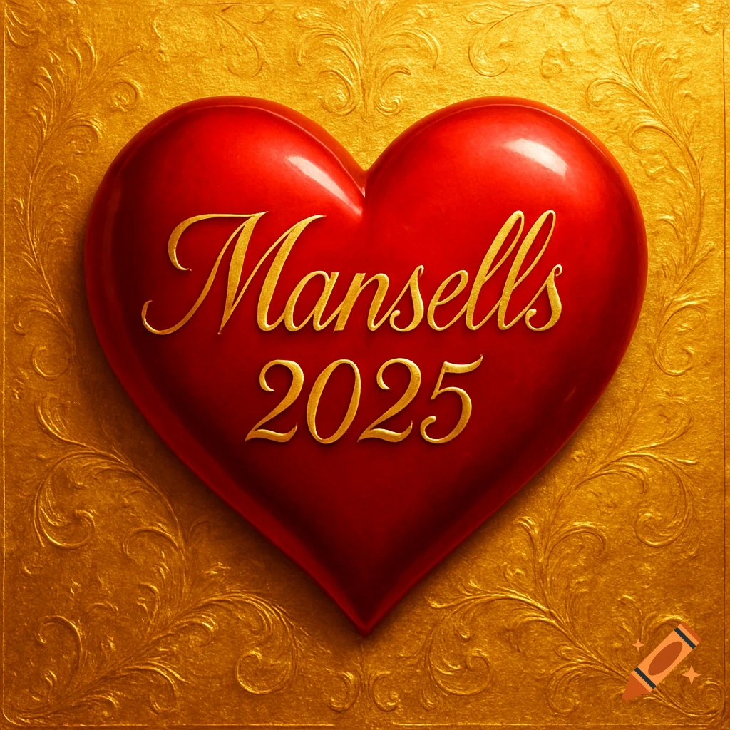A glossy red heart with 'Mansells 2025' in gold script, set against a textured golden background with ornate patterns.