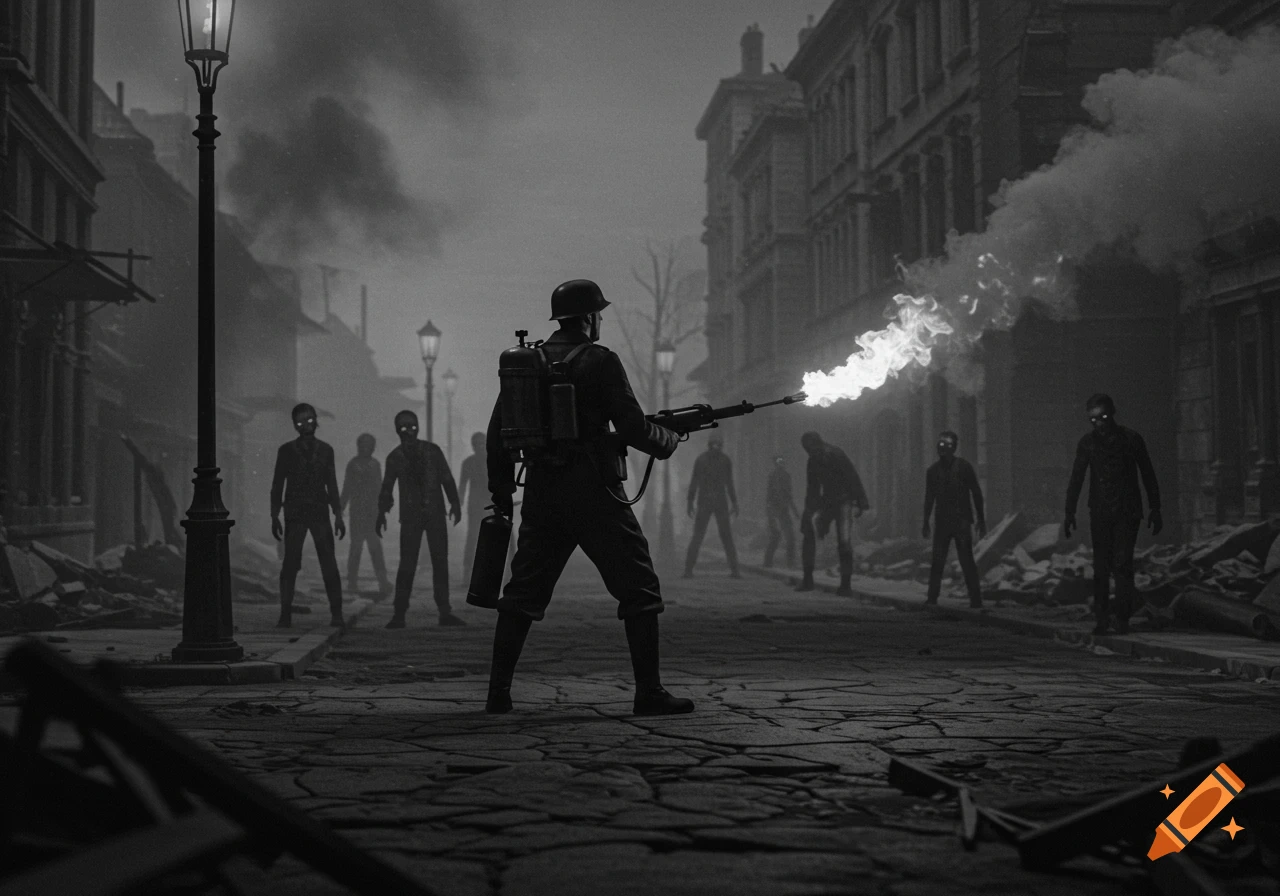 A soldier with a flamethrower and fire extinguisher confronts zombies in a ruined, smoky black and white city street.