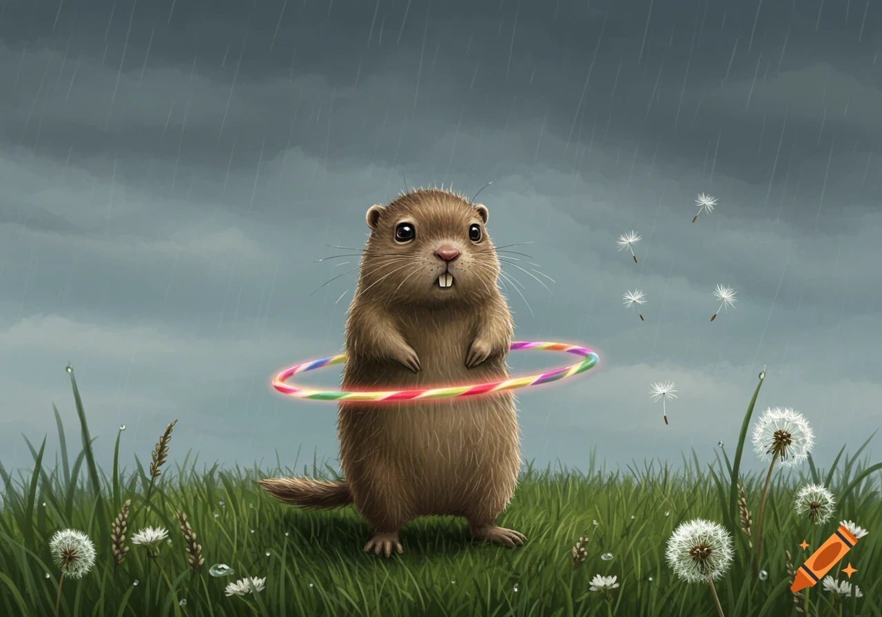 An illustrated gopher with big eyes hula hooping in a grassy field in the rain, with dandelions and glowing hoop.
