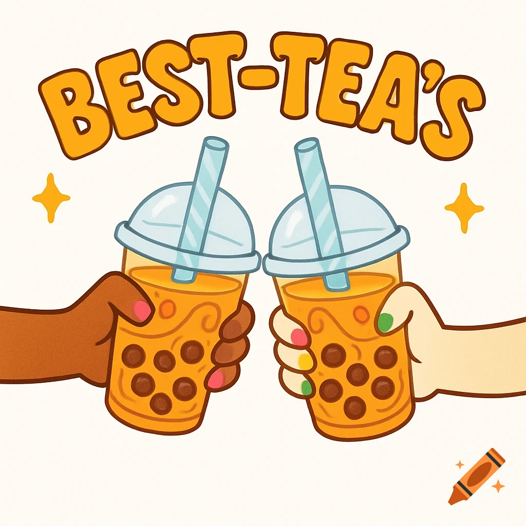 Cartoon illustration of two hands holding boba tea drinks with 'BEST-TEA'S' text.