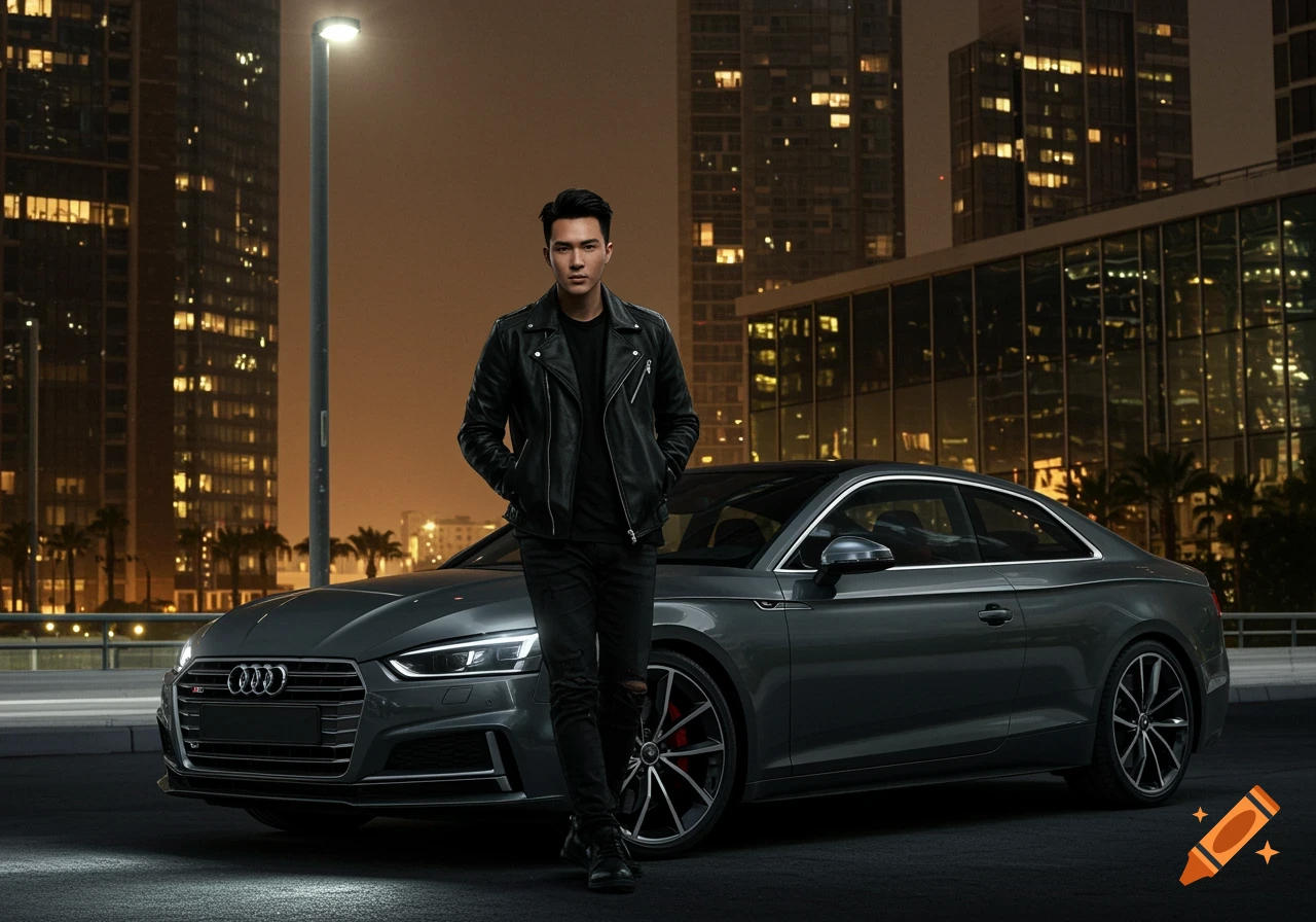 A photorealistic image of an Asian man in a black leather jacket standing in front of a grey Audi S5 car on a city street at night.