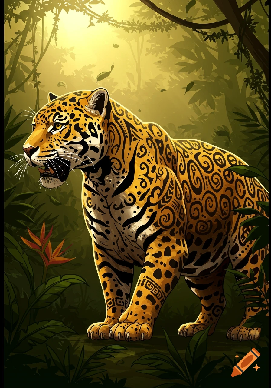 A stylized jaguar with Maori-inspired patterns on its fur stands in a lush, sunlit jungle.