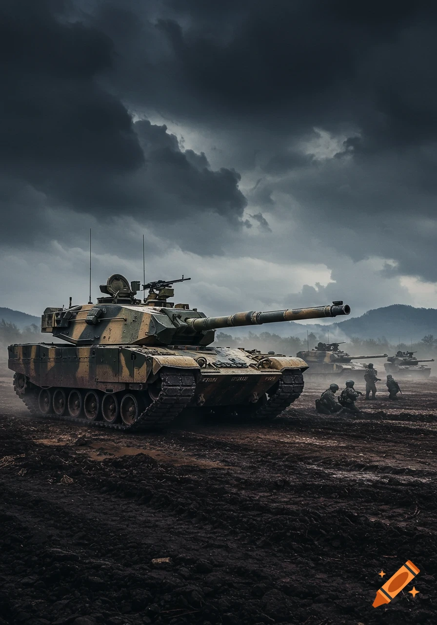 A line of military tanks and soldiers on a muddy field under a dark, stormy sky.