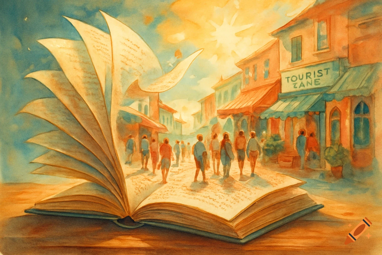 A watercolor painting depicts an open book with pages fanned out, from which a bustling street scene emerges. People walk down a sunlit street lined with buildings and shops, with a bright sun in the sky.