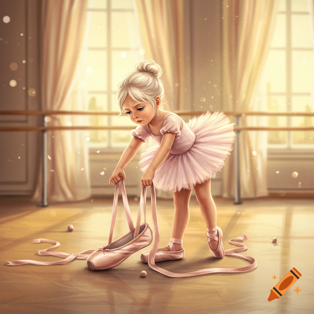 A young blonde girl in a pink tutu trying to put on large, pink ballet pointe shoes in a sunlit studio.