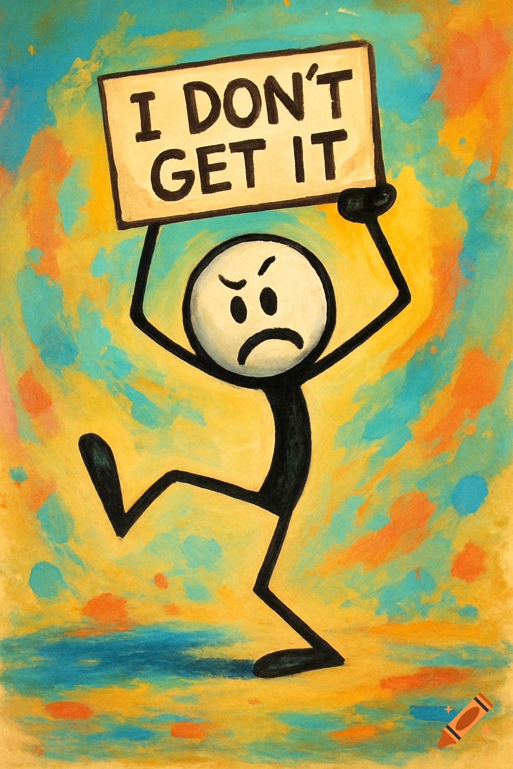 A cartoon stick figure with a sad expression holds a sign that reads 'I DON'T GET IT' against a colorful, abstract painted background.
