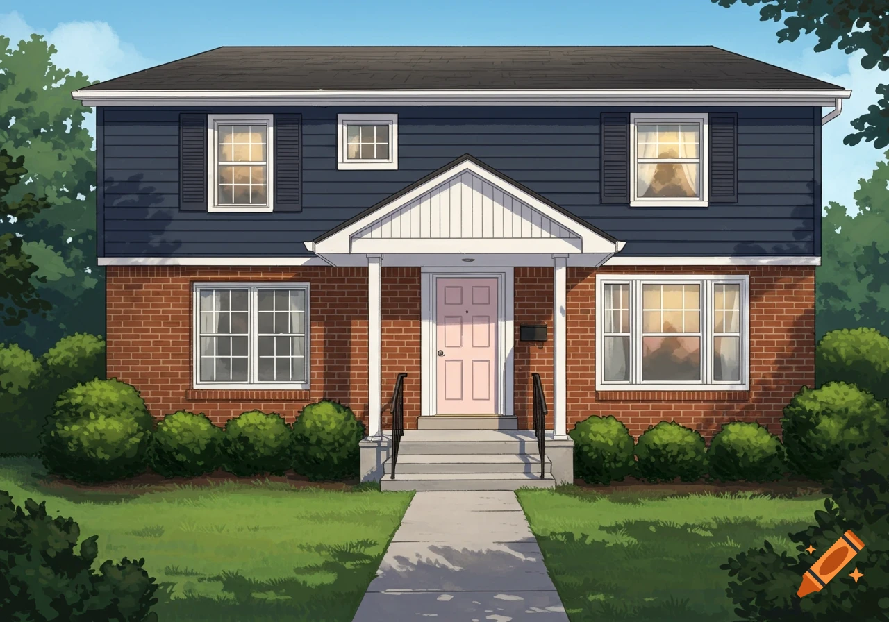 An illustration of a two-story house with a brick first floor, navy siding, white trim, and a pale pink front door, surrounded by a green lawn and bushes.