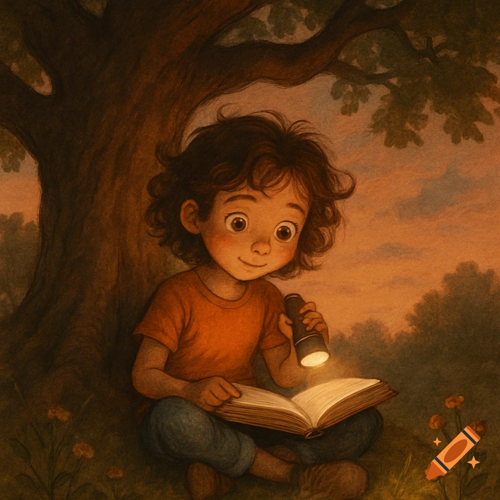 An illustration of a child with curly hair sitting under a large tree at dusk, reading a book illuminated by a flashlight.