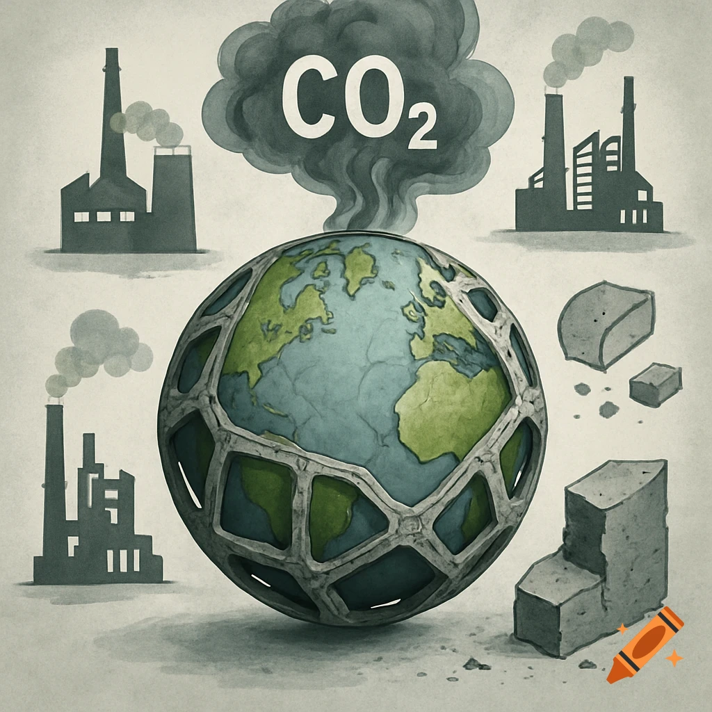 Stylized illustration of Earth encased in concrete, with smoking factories, a CO2 cloud, and broken concrete blocks.