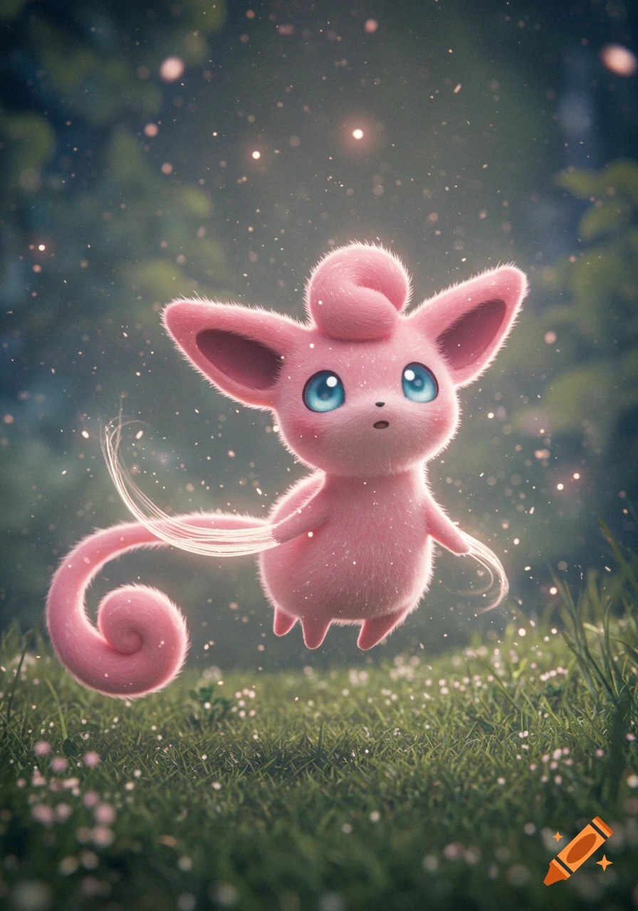 A cute fluffy pink creature with large blue eyes and a curled tail floats in a magical forest with sparkling lights.