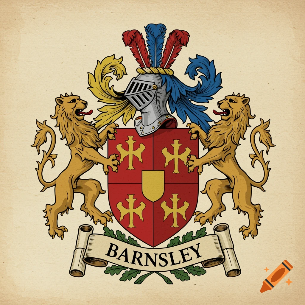 A colorful coat of arms featuring two gold lions supporting a red and gold shield with a knight's helmet and plumes, with 'BARNSLEY' on a banner.