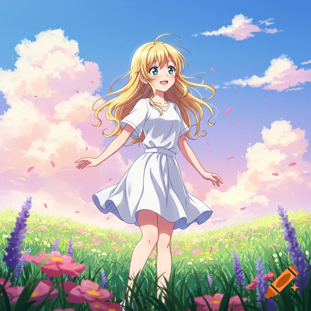 An anime girl with long blonde hair and a white dress stands smiling in a vibrant field of pink and purple flowers under a blue sky with soft clouds.
