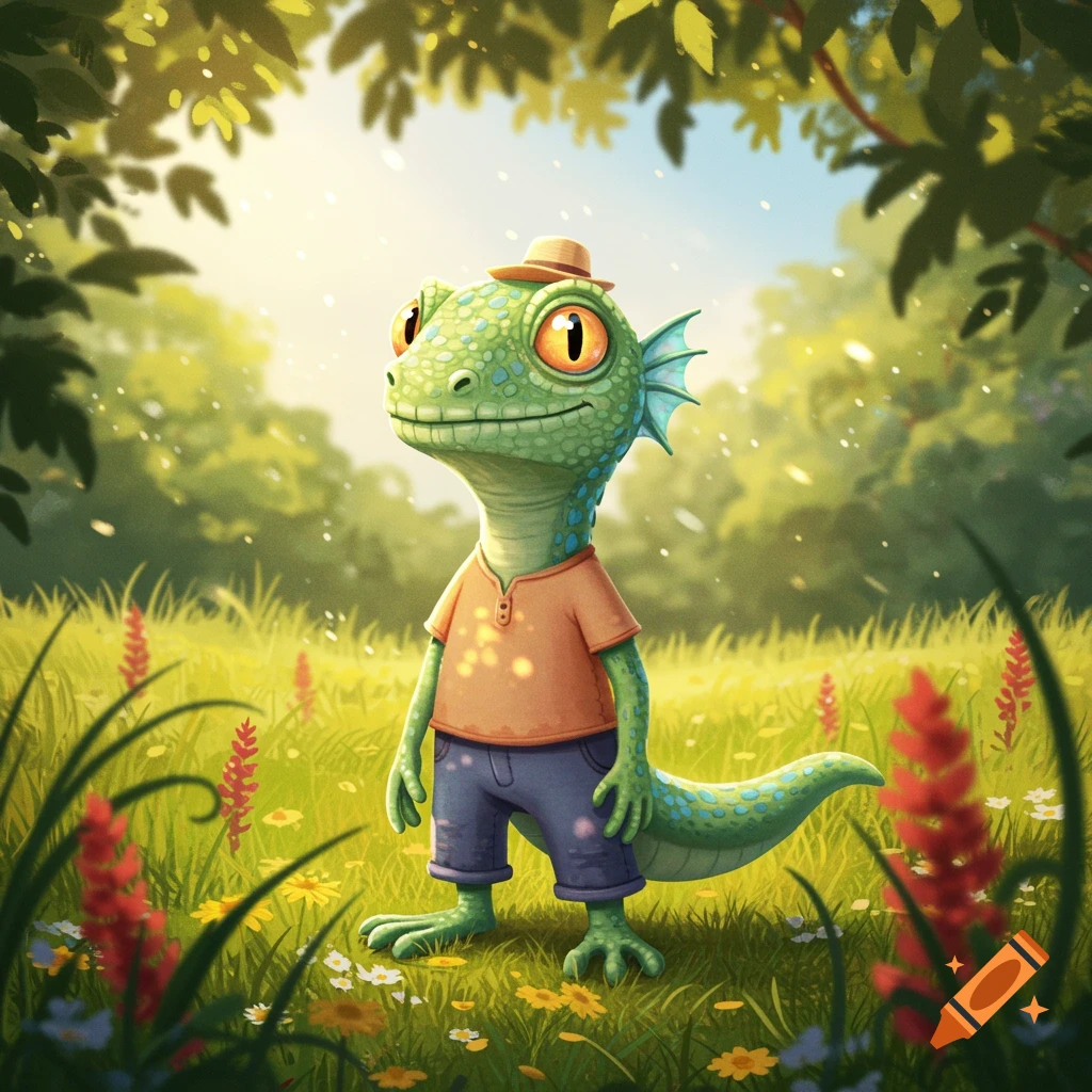 A cute, green lizardman in an orange shirt and blue shorts stands in a sunny, grassy field with flowers and trees in a vibrant illustration.