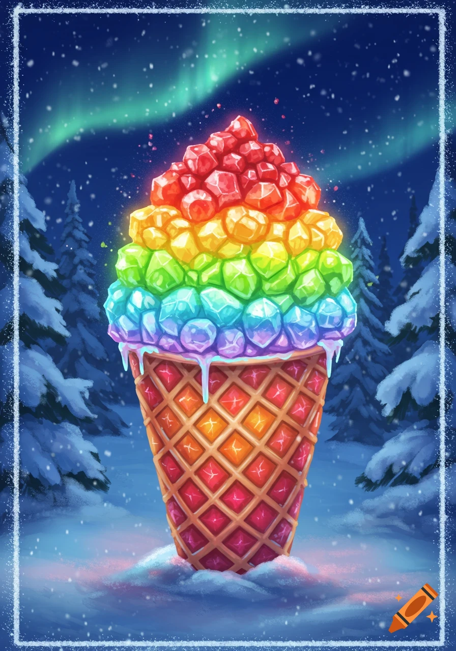 A vibrant, rainbow-colored snow cone made of glowing gems in a snowy forest with an aurora borealis sky.