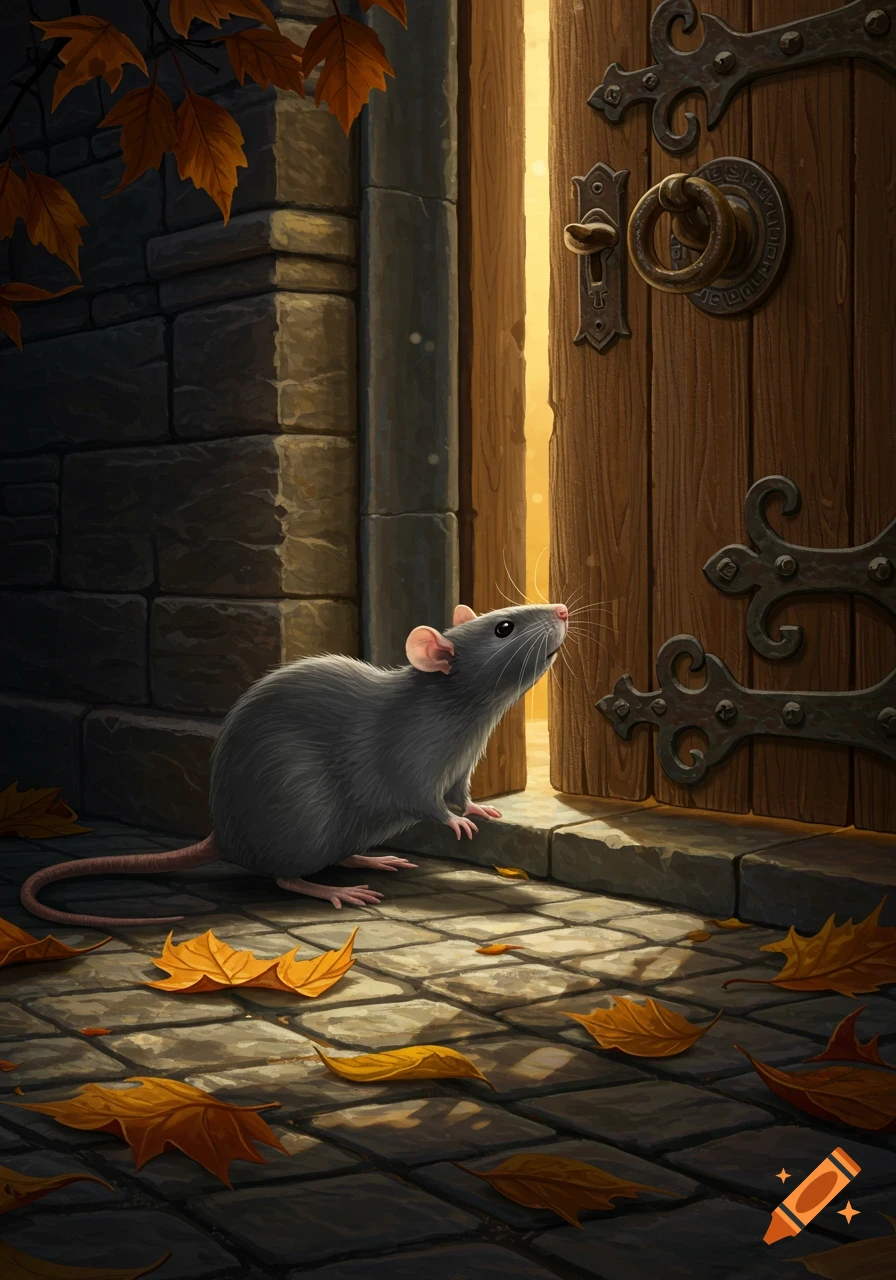 A curious gray rat stands on a cobblestone path looking into a brightly lit, open wooden door. Autumn leaves litter the ground.